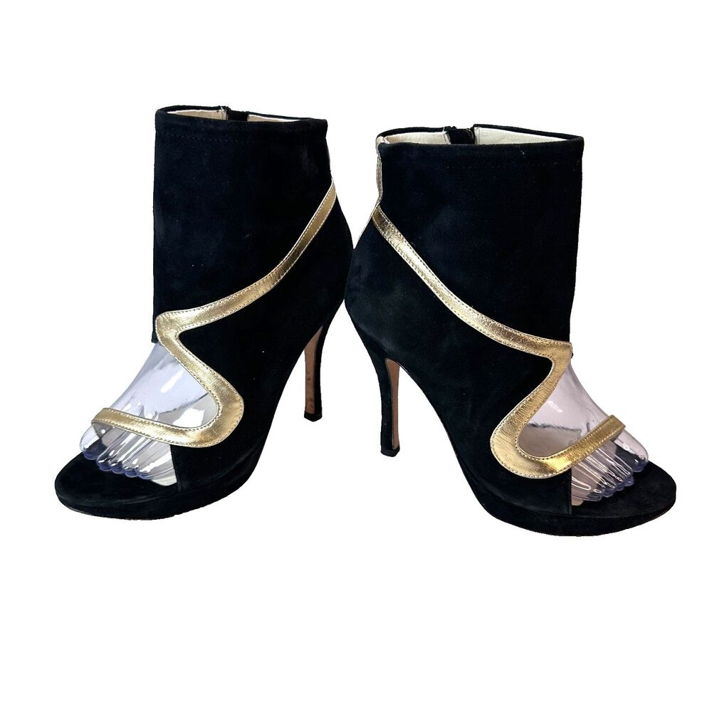 DEZARIO Booties Women's Black Leather & Gold Open-Toed Booties Heels US Size 9